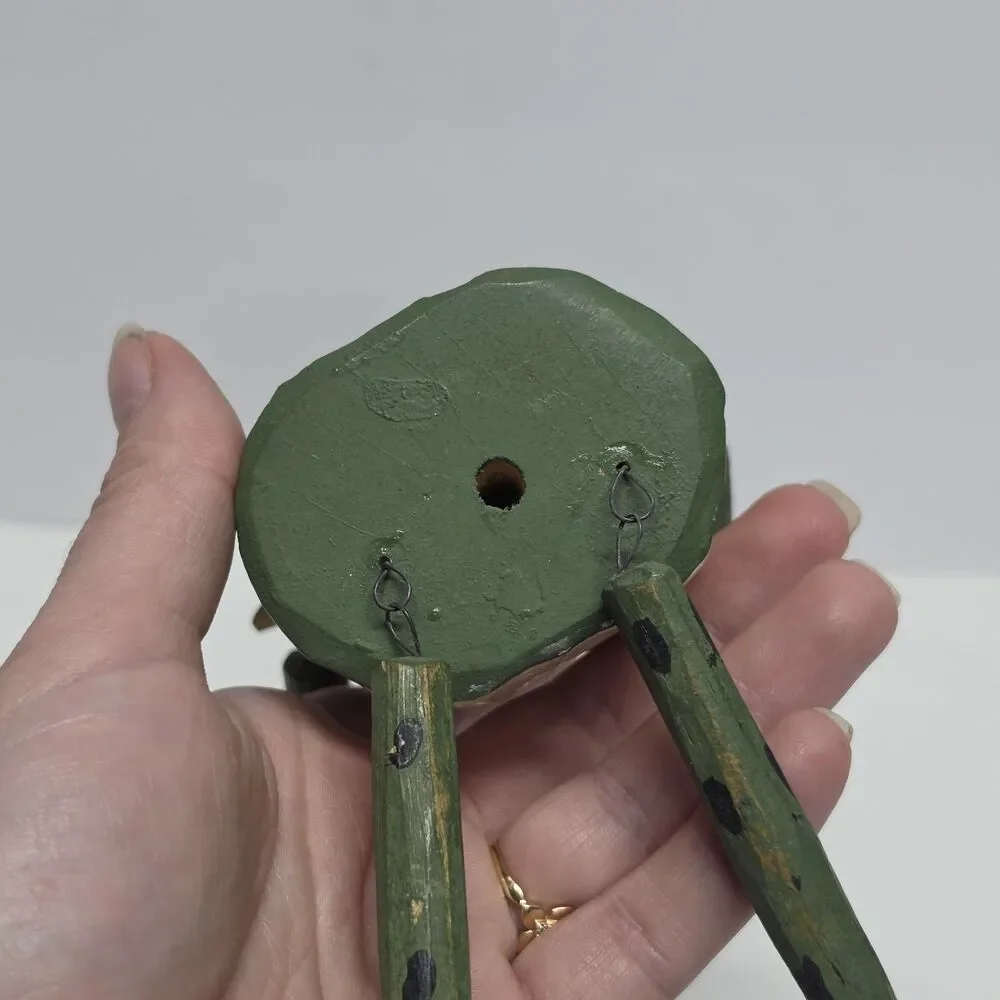 Vintage Wooden Green Frog Angel Shelf Sitter Dangling Marionette Ornament